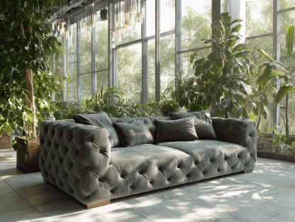 3-zitsbank fluweel 230×100×85 cm – donkergrijs – klassiek capitonné design