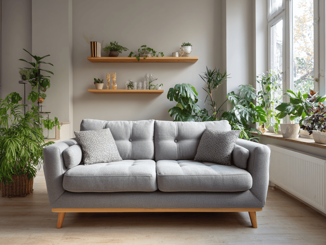 Tweepersoonsbank in stof 175×95×88 cm – lichtgrijs – Scandinavisch design met rugkussens en sierkussens