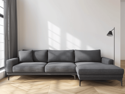 Hoekbank in stof 300×175×85 cm – donkergrijs – modern design met 3 rugkussens en 1 decoratief kussen