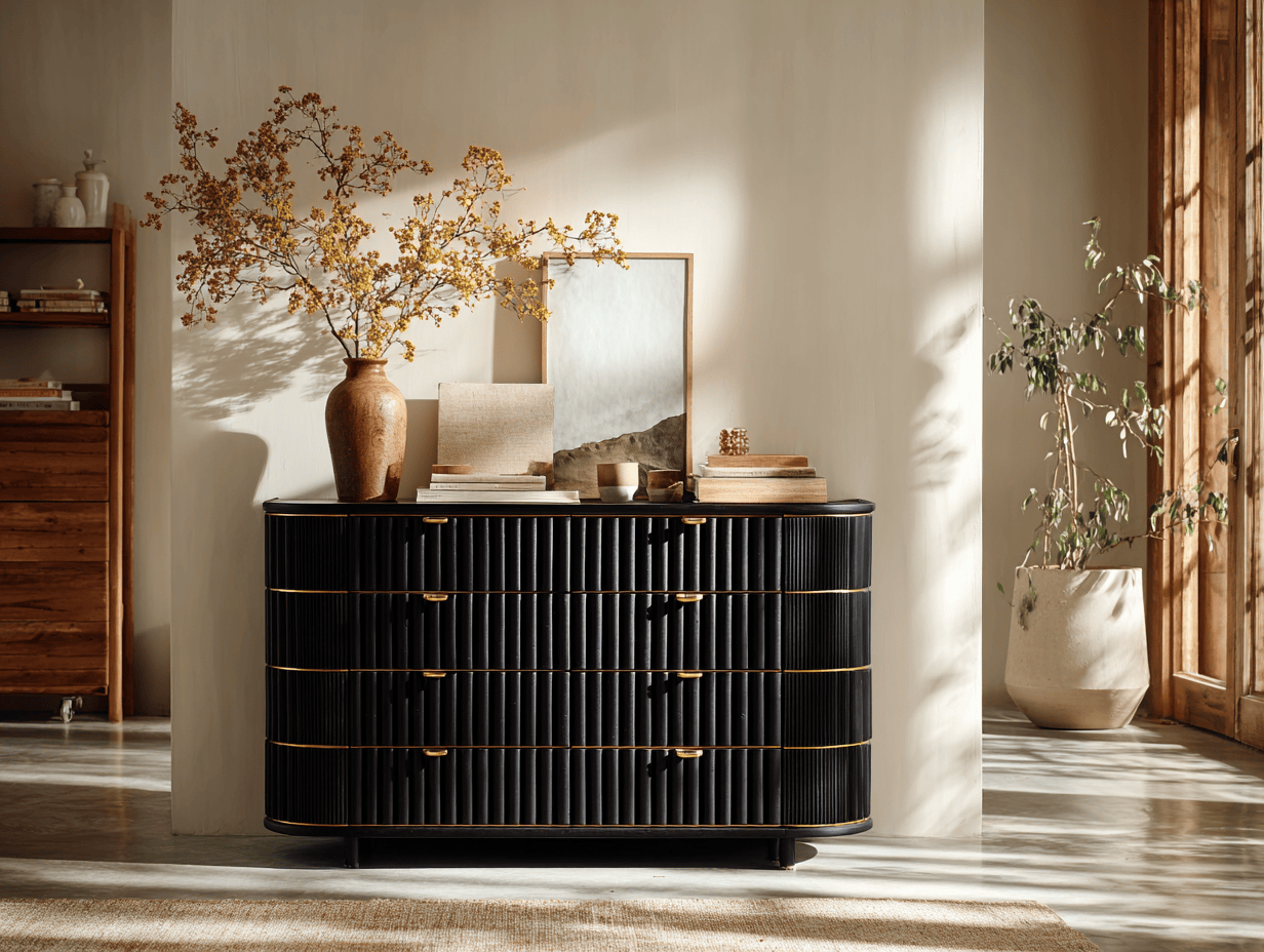 Ladekast hout 120×45×85 cm – zwart met goud – modern design met lades