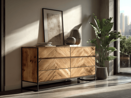 Ladekast hout 130×45×85 cm – natuurhout met zwart metaal – industrieel design met lades