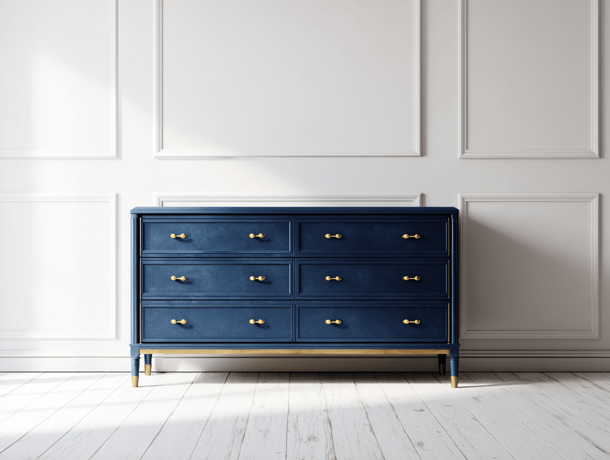 Ladekast hout 120×45×90 cm – donkerblauw met goud – klassiek design met lades