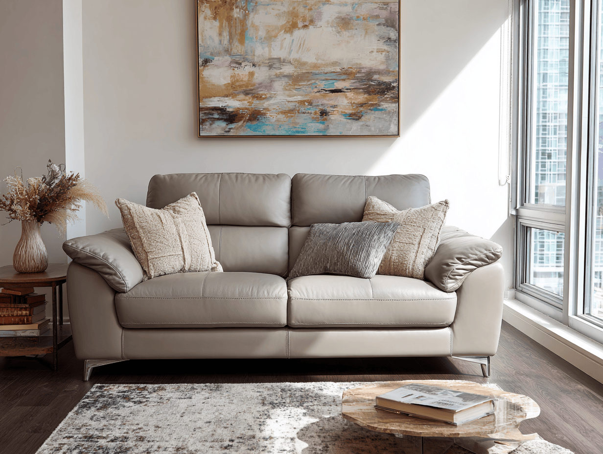 Leren tweepersoonsbank 170×95×88 cm – lichtgrijs – modern design met rugkussens en sierkussens