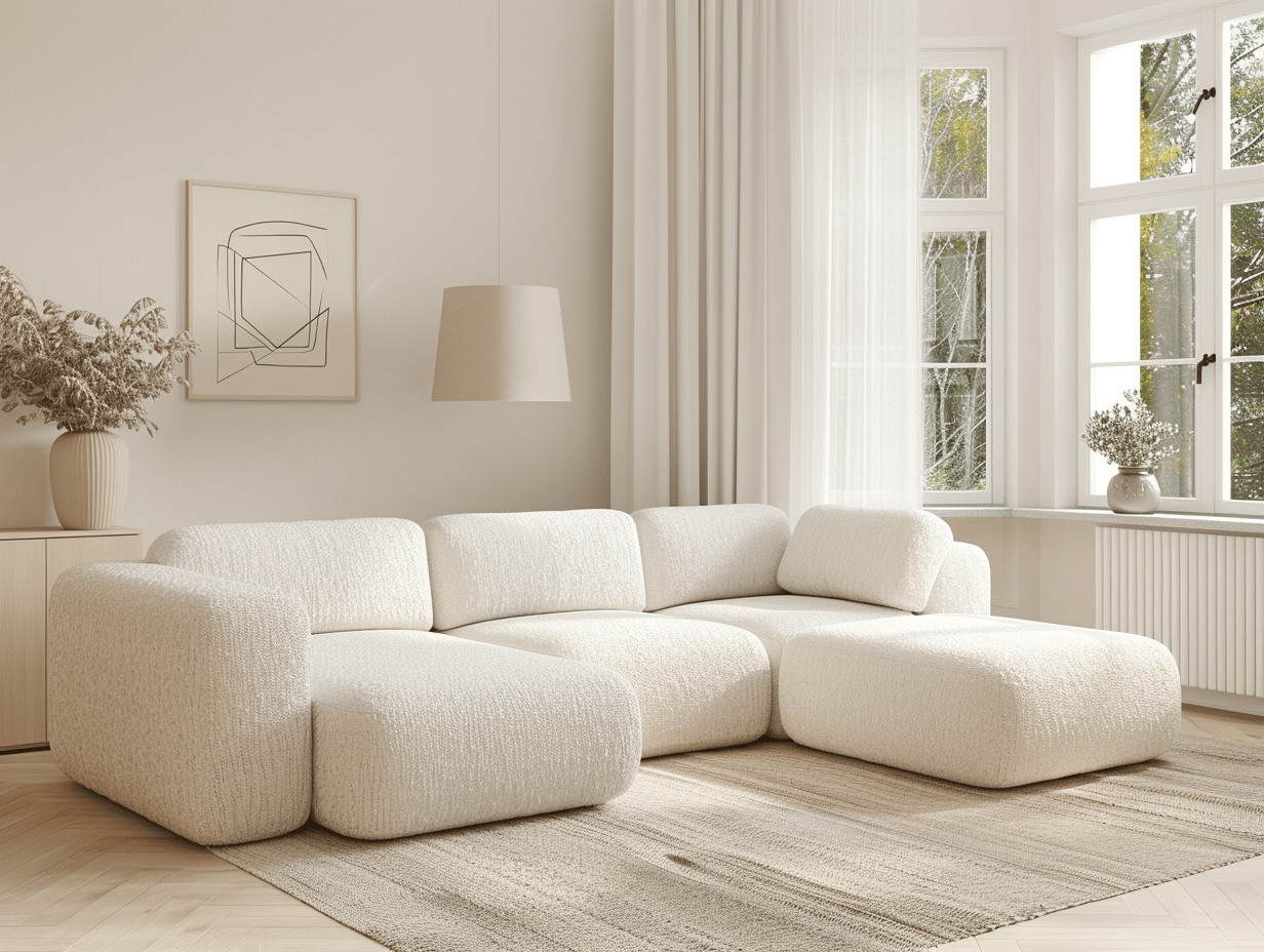 Hoekbank bouclé stof 275×190×85 cm – wit – modern design met 1 sierkussen