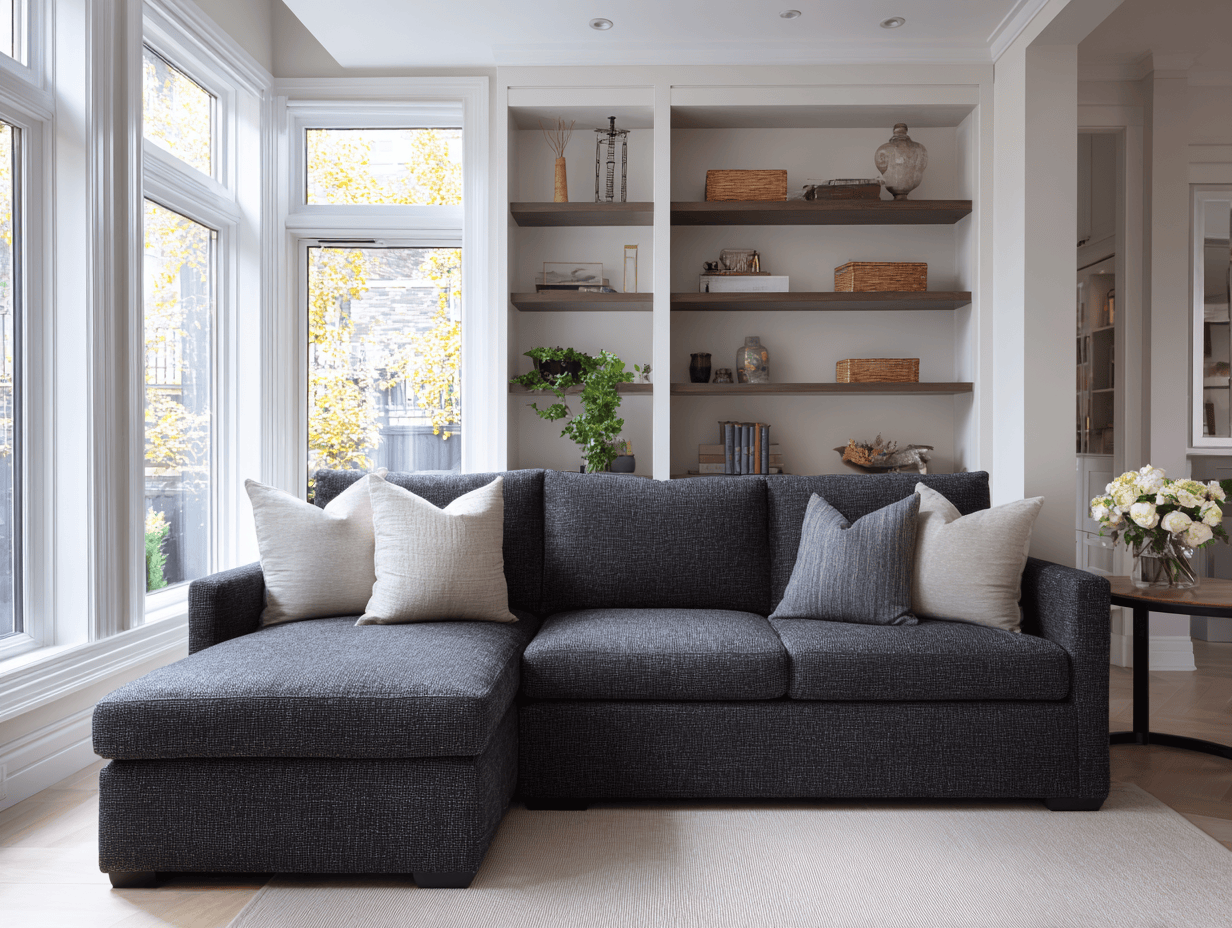 Hoekbank stof 270×160×90 cm – donkergrijs – moderne stijl met loungegedeelte en kussens