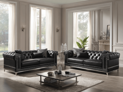 Sofa set 3-zitsbank 220×90×78 cm en 3-zitsbank 220×90×78 cm – zwart kunstleer – Chesterfield stijl met kristalaccenten – klassiek design