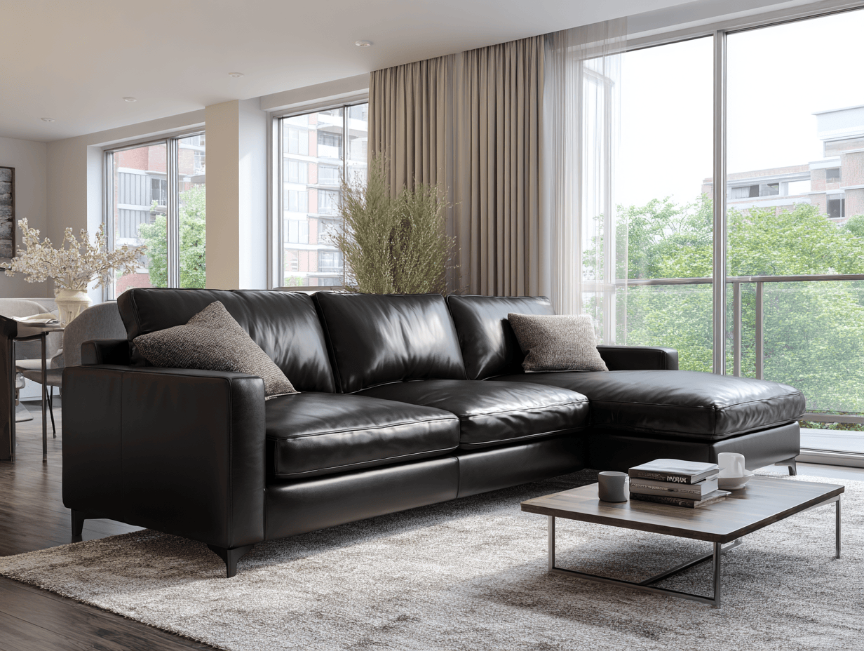 Hoekbank echt leer 285×195×85 cm – zwart – modern design met chaise longue en 3 rugkussens en 2 sierkussens