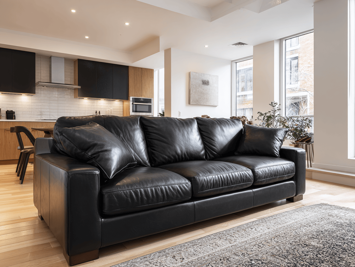 3-zitsbank echt leer 225×95×85 cm – zwart – modern design met comfortabele kussens