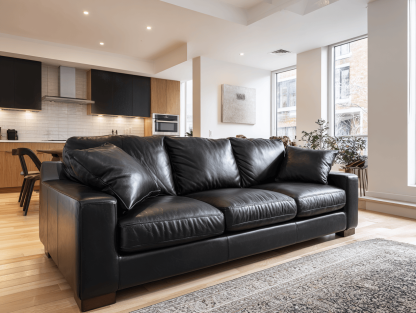 3-zitsbank echt leer 225×95×85 cm – zwart – modern design met comfortabele kussens