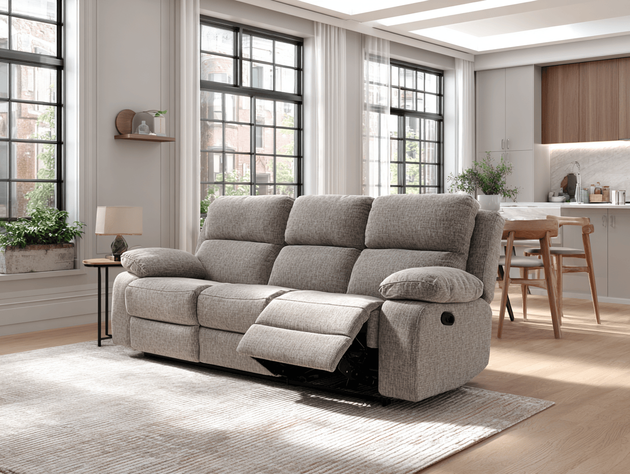 Driezitsbank in stof 215×100×102 cm – beigegrijs – met relaxfunctie en brede armleuningen – modern comfort