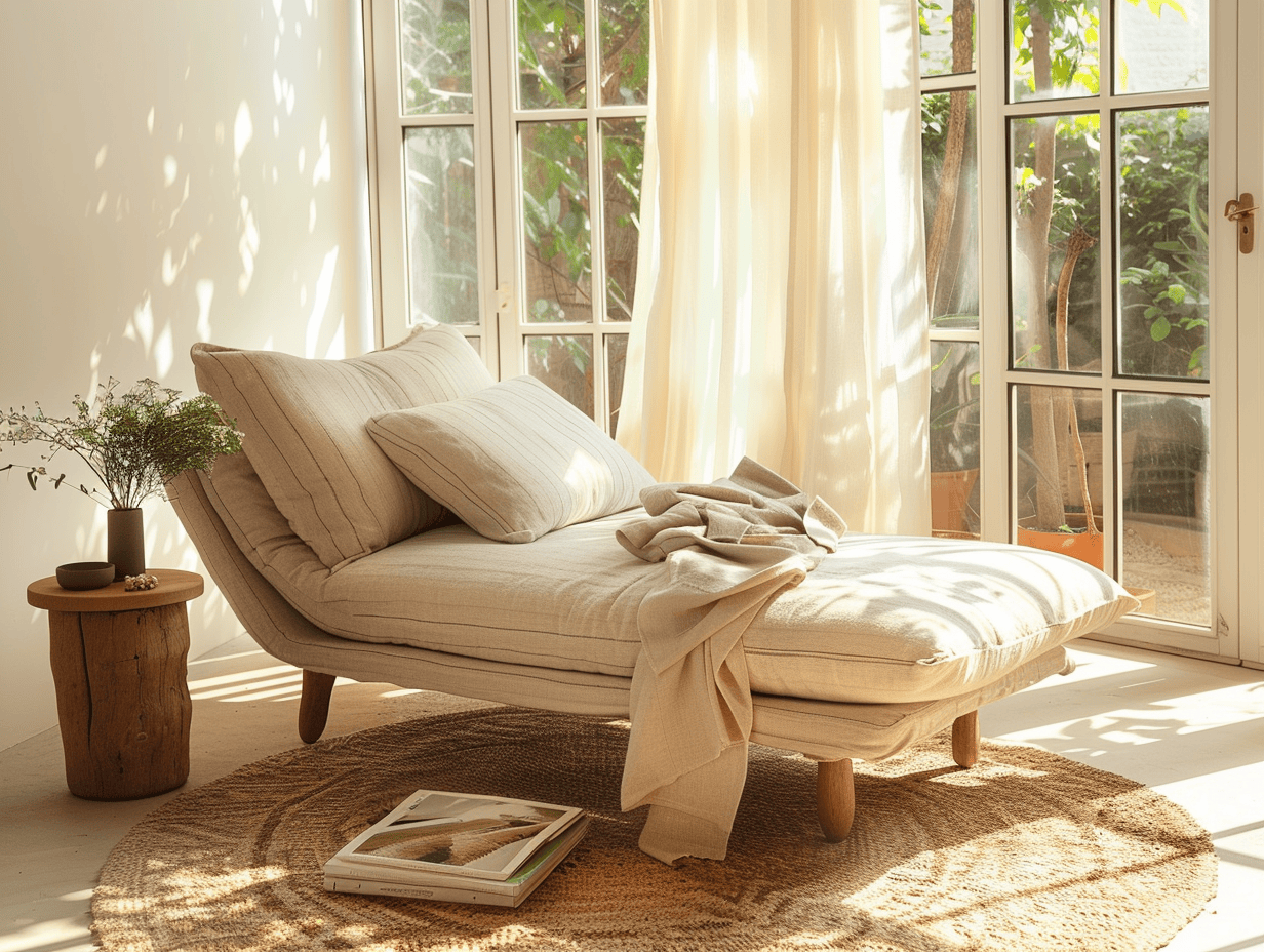 Chaise longue stof 180×85×80 cm – beige – met één rugkussen en één sierkussen en houten poten