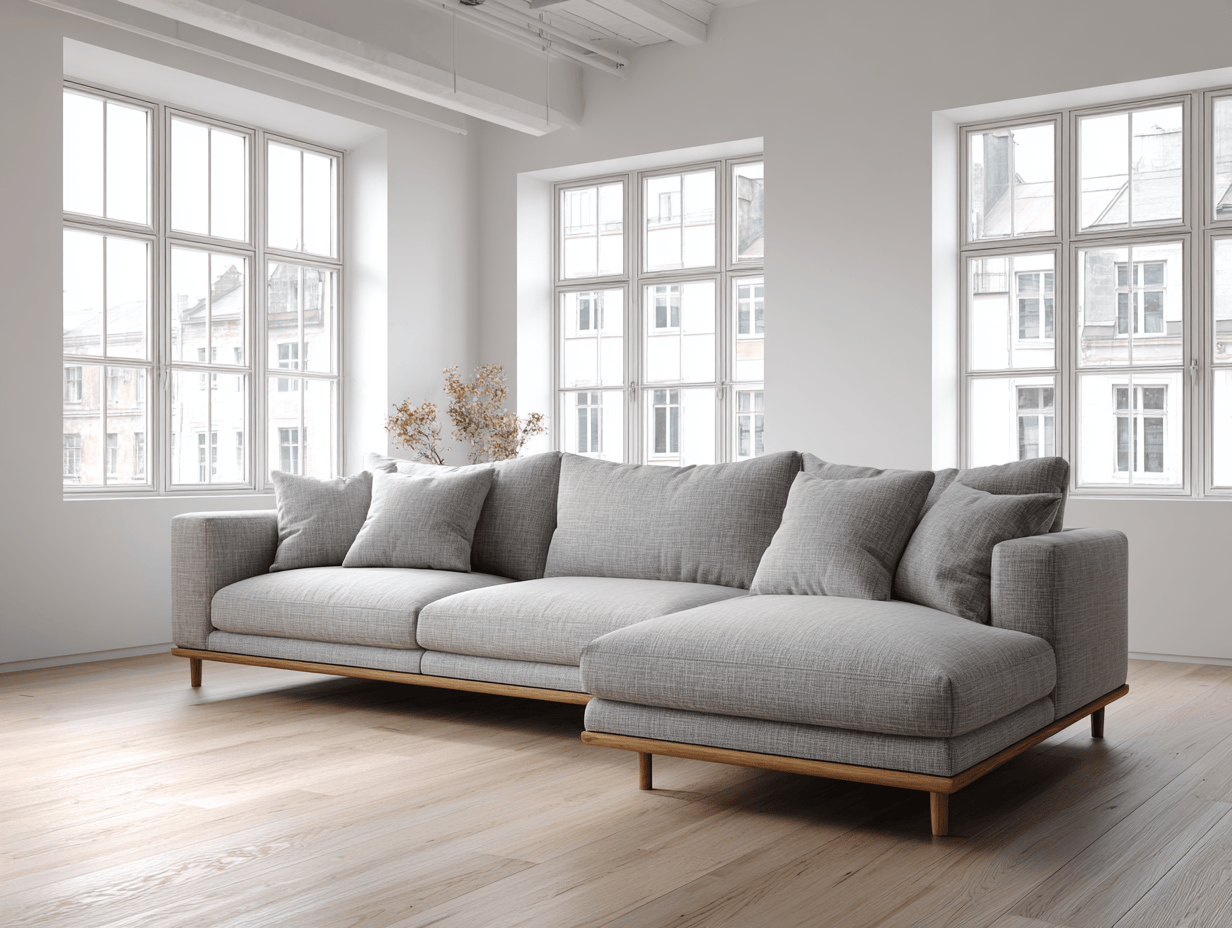 Hoekbank in stof 290×185×85 cm – lichtgrijs – Scandinavisch design – met chaise longue en kussens