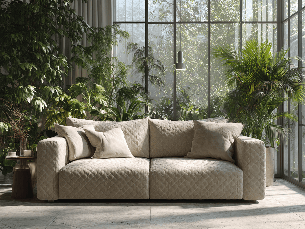 3-zitsbank in gewatteerde stof 215×95×90 cm – crème – modern design met 2 rugkussens en 3 decoratieve kussens