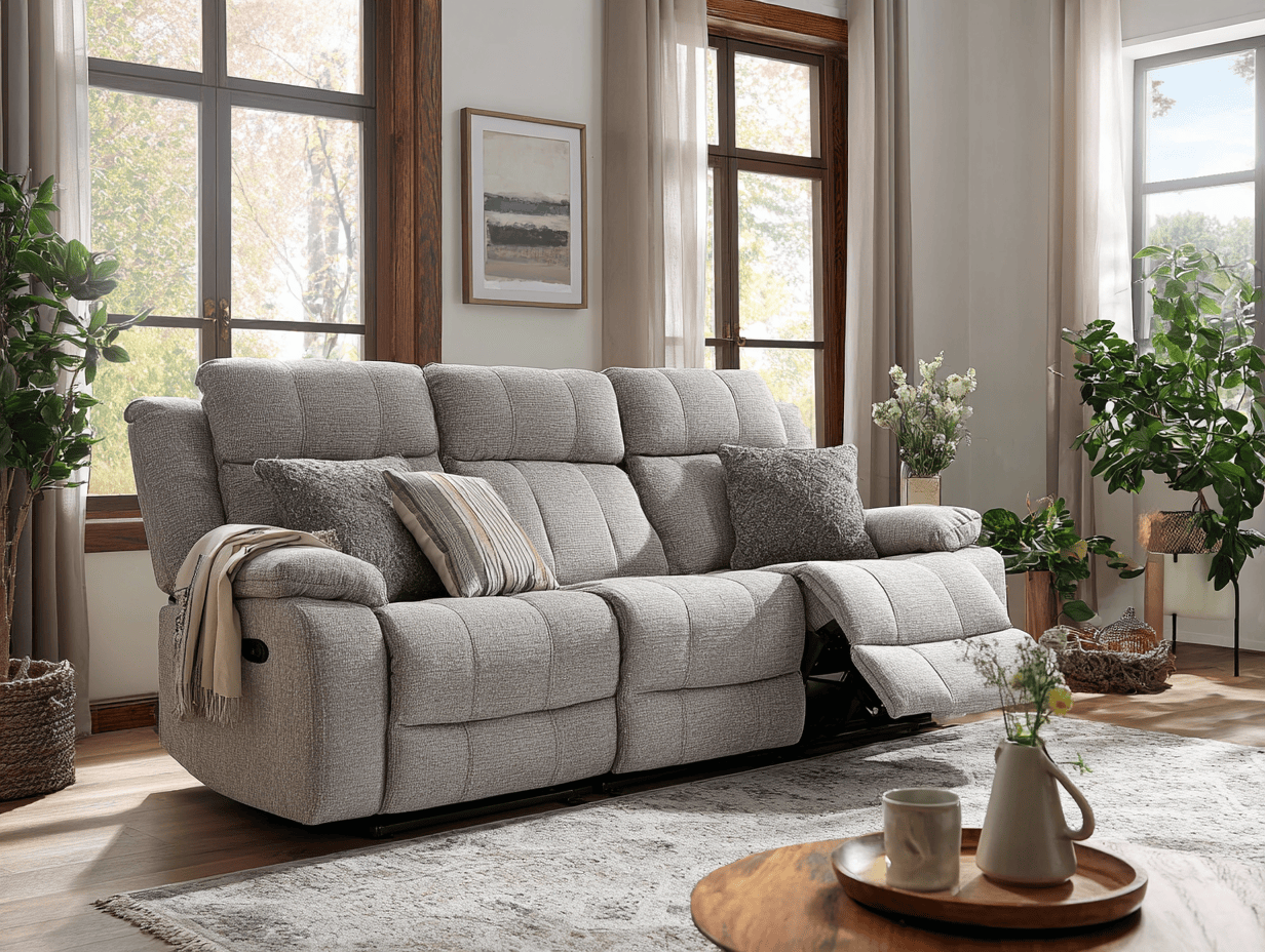 Driezitsbank in stof 210×100×100 cm – lichtgrijs – relaxfunctie met drie sierkussens