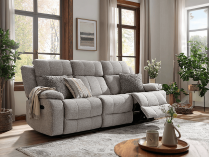 Driezitsbank in stof 210×100×100 cm – lichtgrijs – relaxfunctie met drie sierkussens