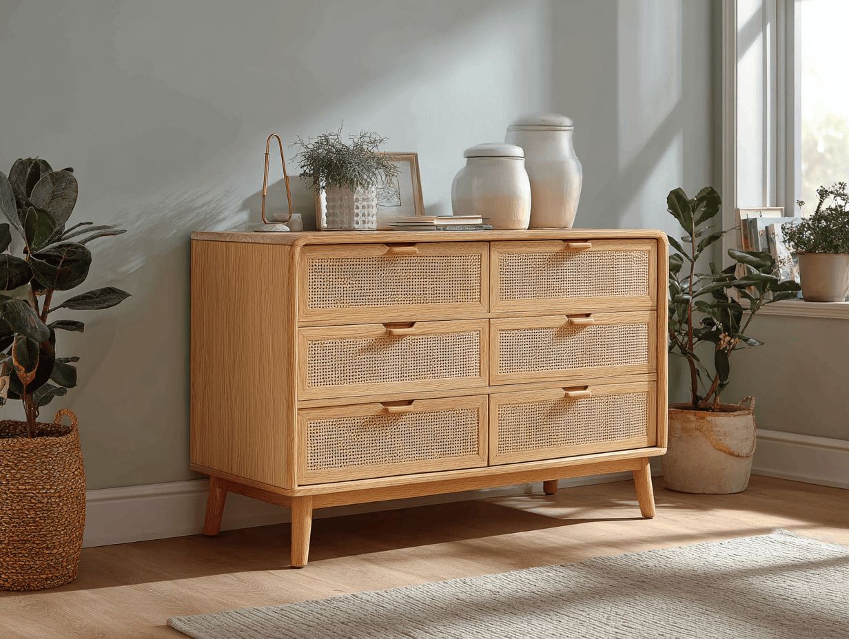 Ladekast hout 115×42×85 cm – licht eiken met rotan – Scandinavisch design met lades