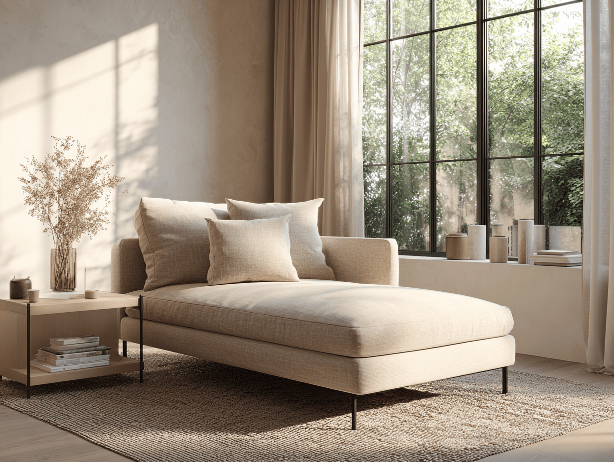 Chaise longue in stof 180×85×90 cm – beige – eigentijds design – met rug- en sierkussens