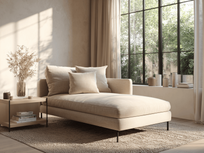 Chaise longue in stof 180×85×90 cm – beige – eigentijds design – met rug- en sierkussens