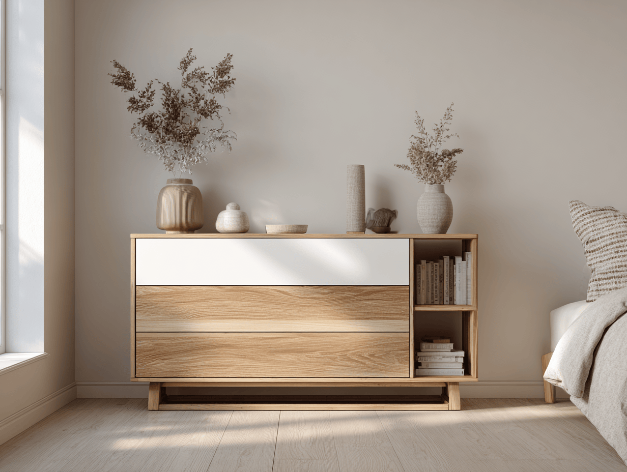 Ladekast hout 120×42×85 cm – licht hout met wit – modern design met open vak en lades