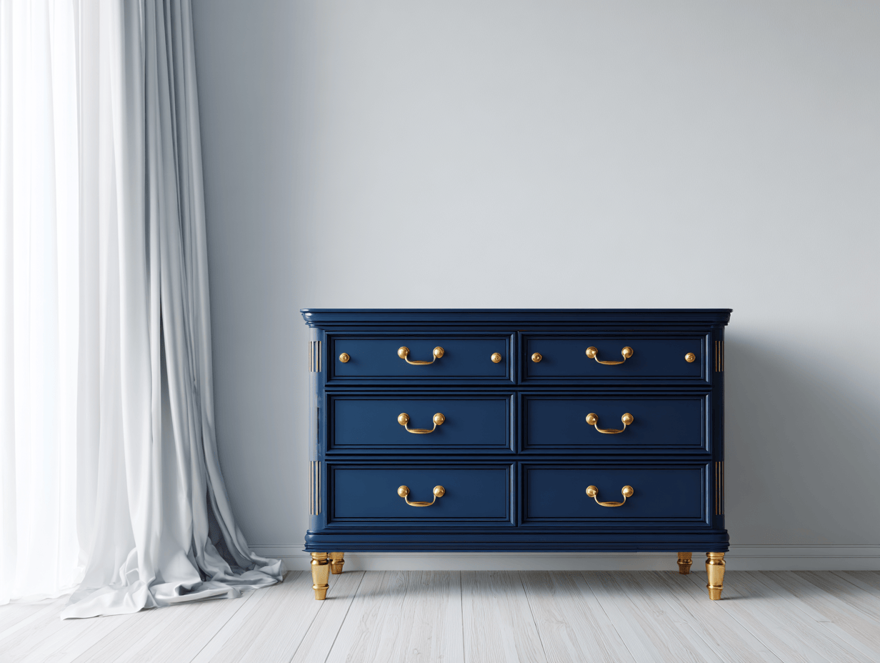 Ladekast hout 120×45×85 cm – blauw met gouden handgrepen – klassiek design