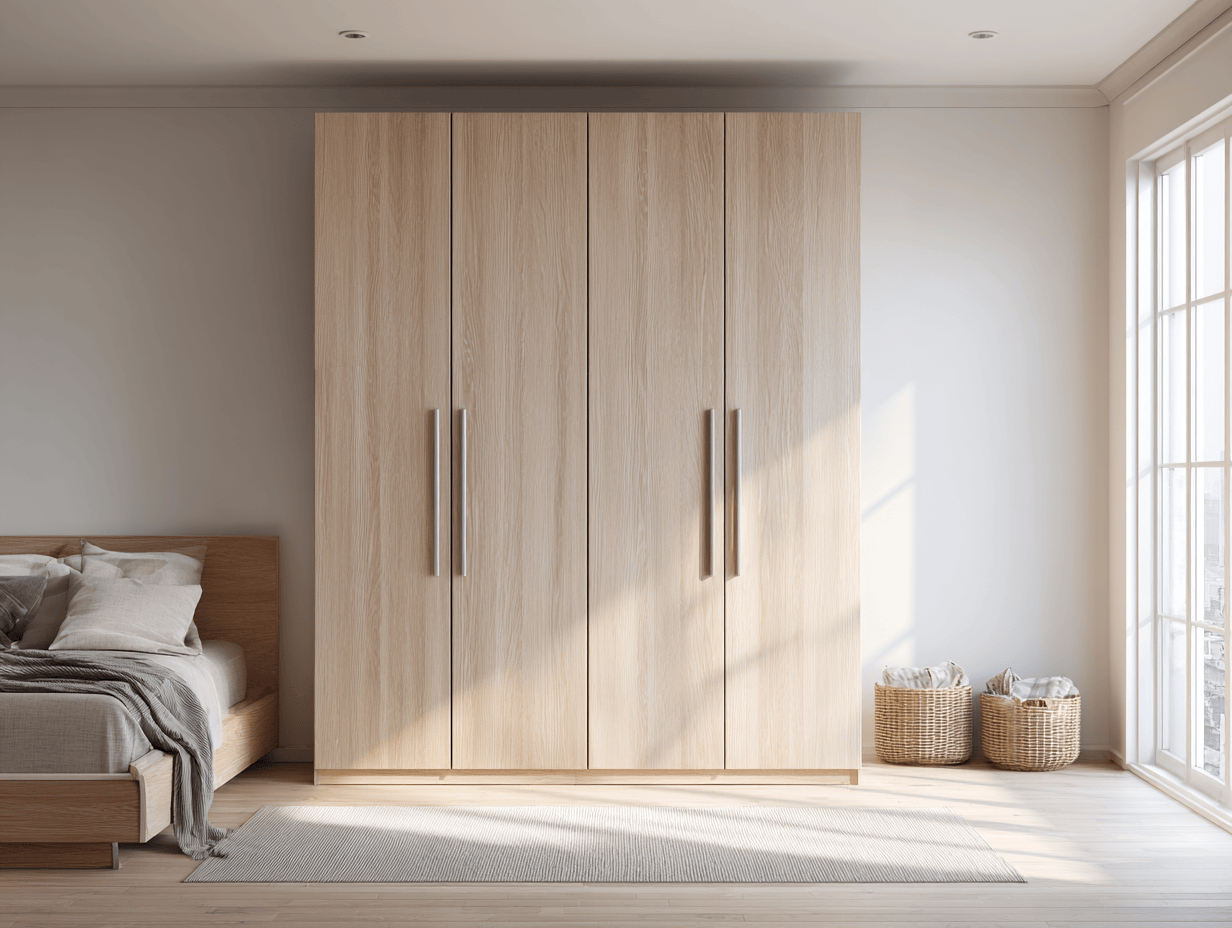 Kledingkast hout 200×60×220 cm – licht eiken – met vier deuren en modern design