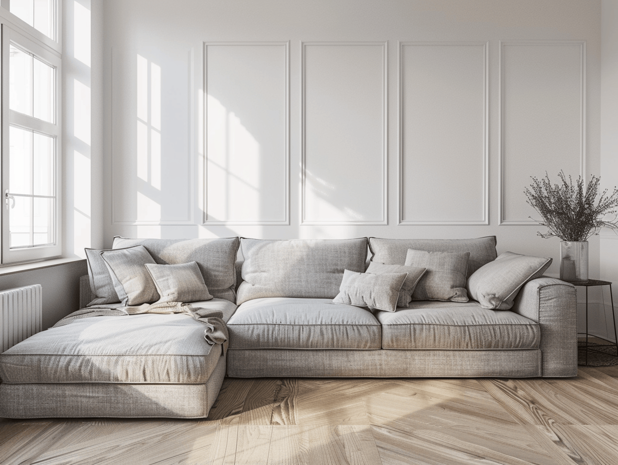 Hoekbank stof 290×195×85 cm – grijs – modern design met 3 rugkussens en 7 sierkussens