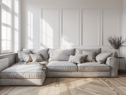 Hoekbank stof 290×195×85 cm – grijs – modern design met 3 rugkussens en 7 sierkussens