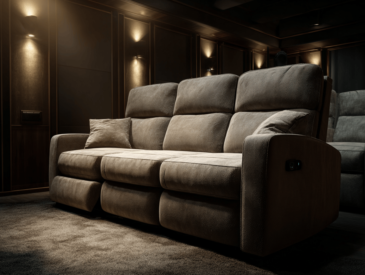 Driezitsbank in stof 215×100×102 cm – taupe – met relaxfunctie en twee sierkussens – modern comfort