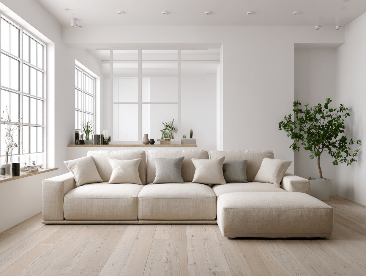 Hoekbank in stof 320×180×85 cm – beige – met chaise longue drie rugkussens en zes sierkussens