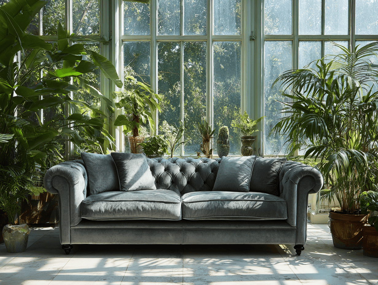 3-zitsbank fluweelstof 220×95×78 cm – grijs – Chesterfield stijl met knoopdetails