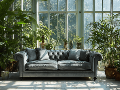 3-zitsbank fluweelstof 220×95×78 cm – grijs – Chesterfield stijl met knoopdetails