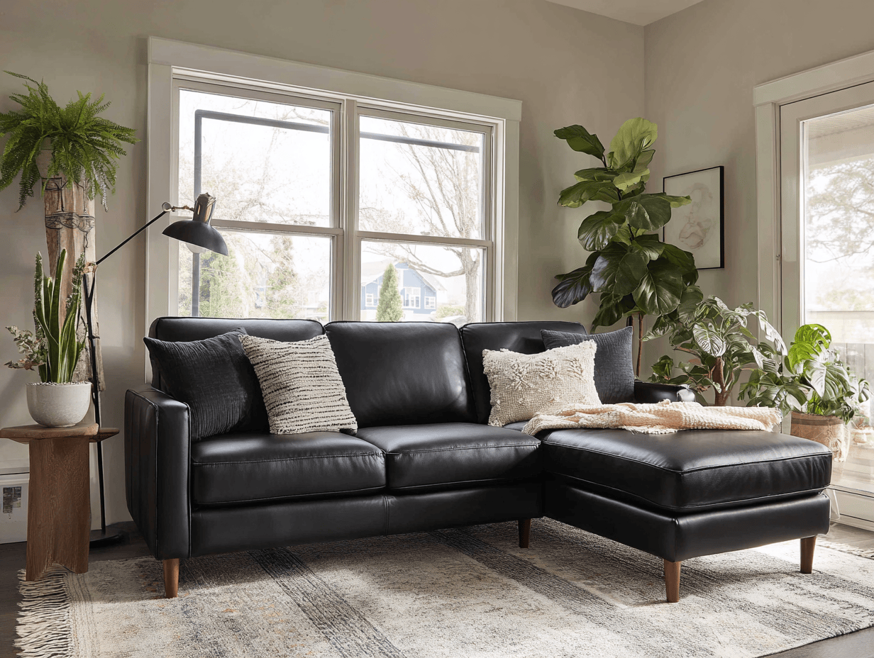 Leren hoekbank 270×190×90 cm – zwart – met chaise longue en kussens