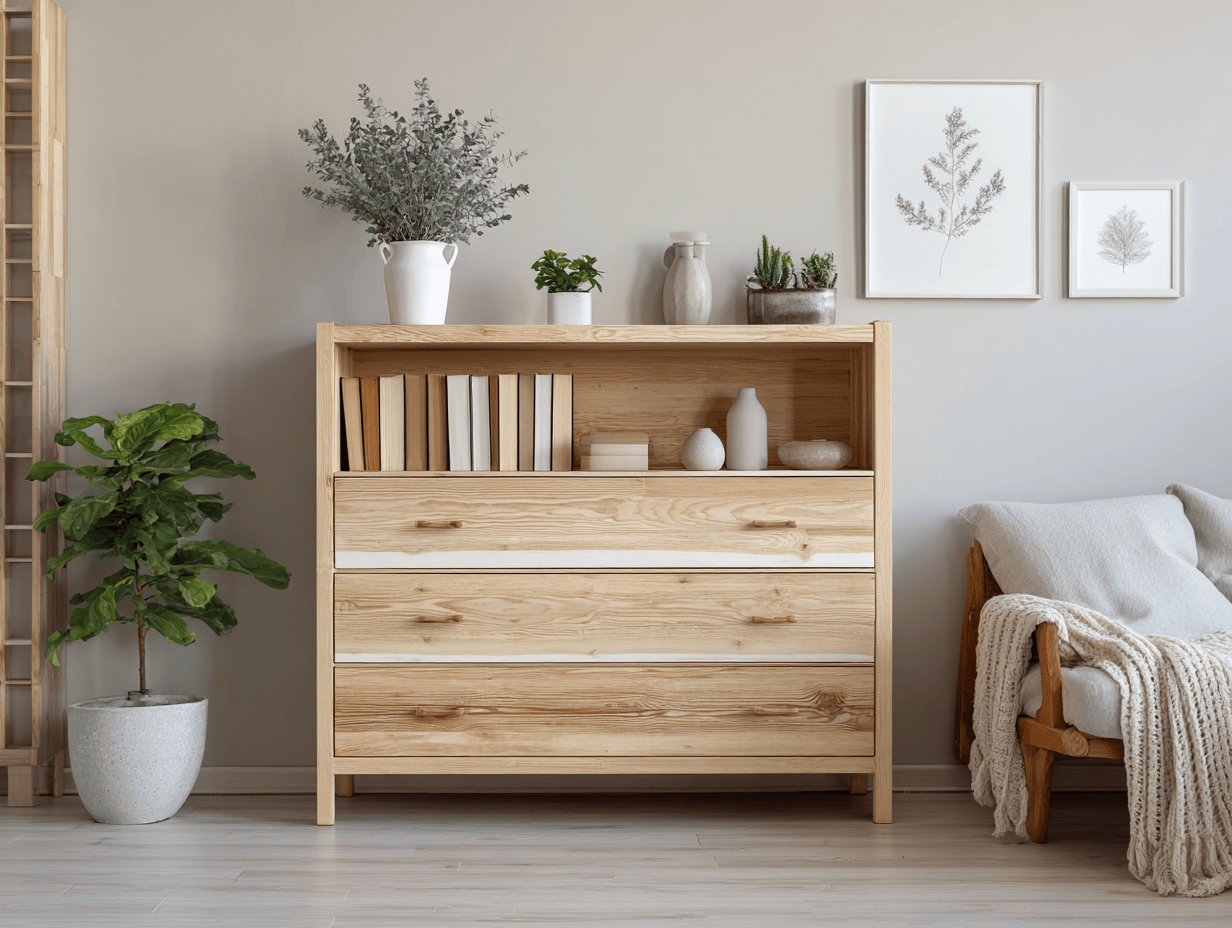 Ladekast hout 105×42×120 cm – licht hout/wit – met 3 lades en open vak – modern design