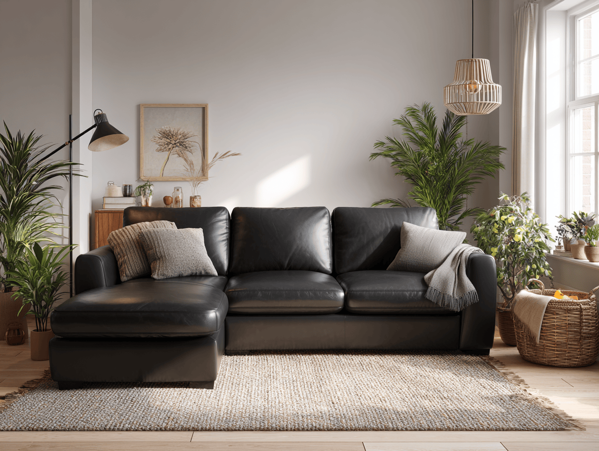 Leren hoekbank 255×160×90 cm – zwart – met chaise longue 3 rugkussens en 3 sierkussens