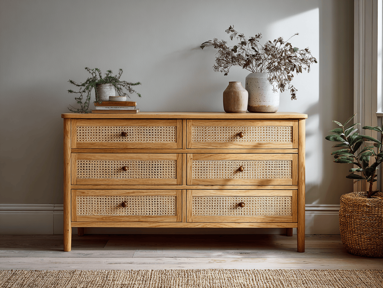 Ladekast hout 120×40×80 cm – licht eiken – met rotan lades – Scandinavische stijl