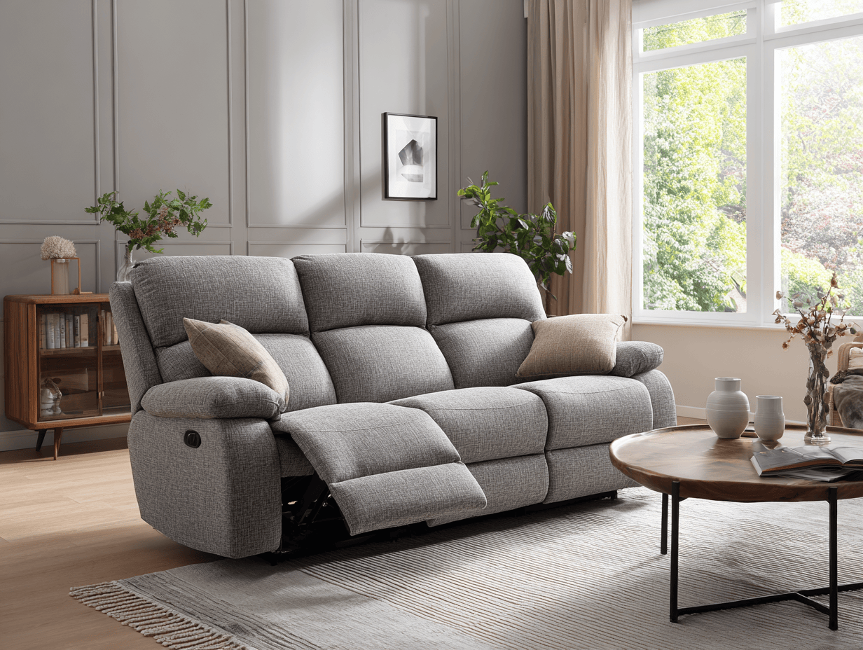 Driezitsbank in stof 215×100×102 cm – lichtgrijs – met relaxfunctie en twee sierkussens – modern comfort