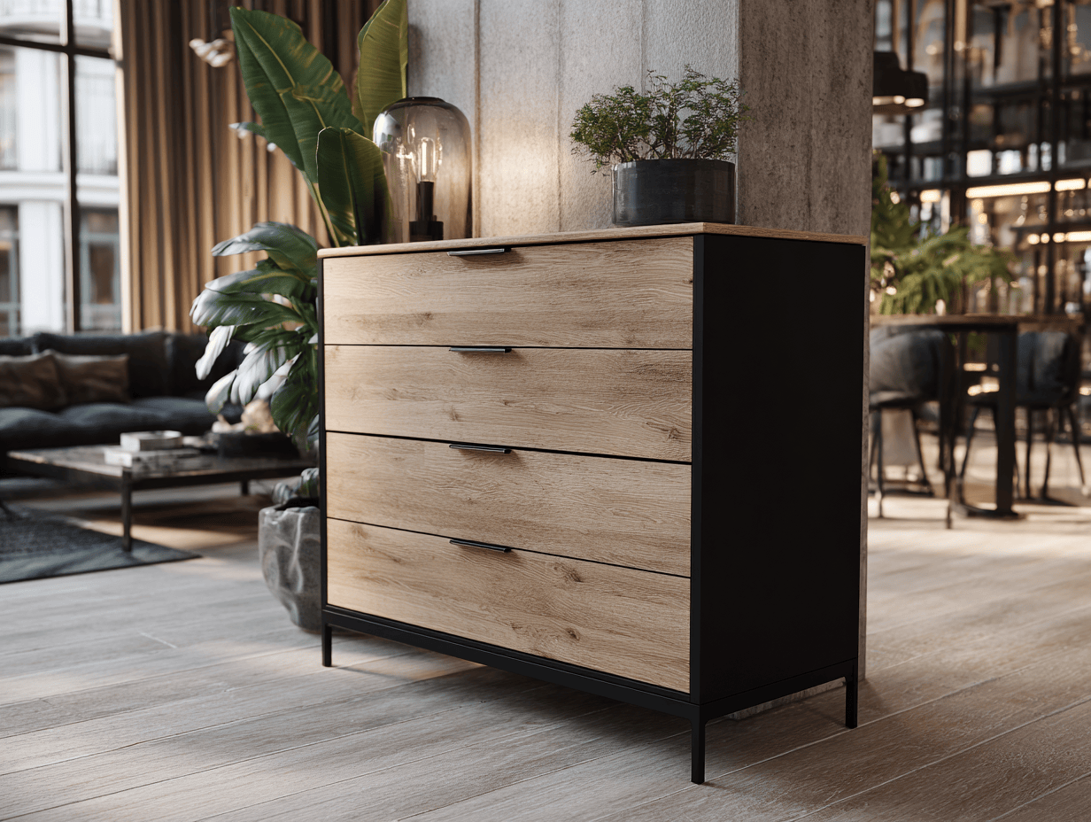 Ladekast hout en metaal 100×40×90 cm – eikenhout met zwart frame – industrieel design