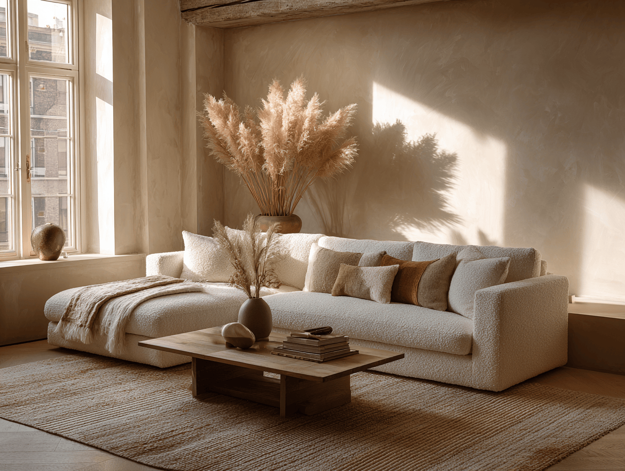 Hoekbank bouclé stof 285×180×85 cm – wit – met chaise longue en sierkussens