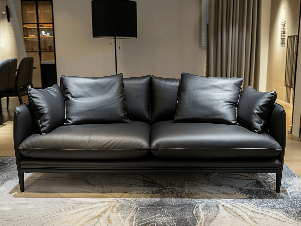 2-zitsbank echt leer 180×90×85 cm – zwart – modern design met twee rugkussens en vier sierkussens