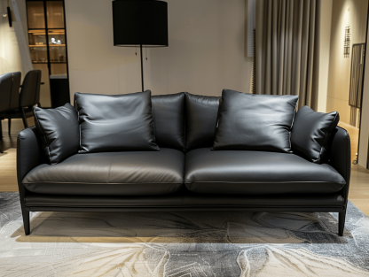 2-zitsbank echt leer 180×90×85 cm – zwart – modern design met twee rugkussens en vier sierkussens