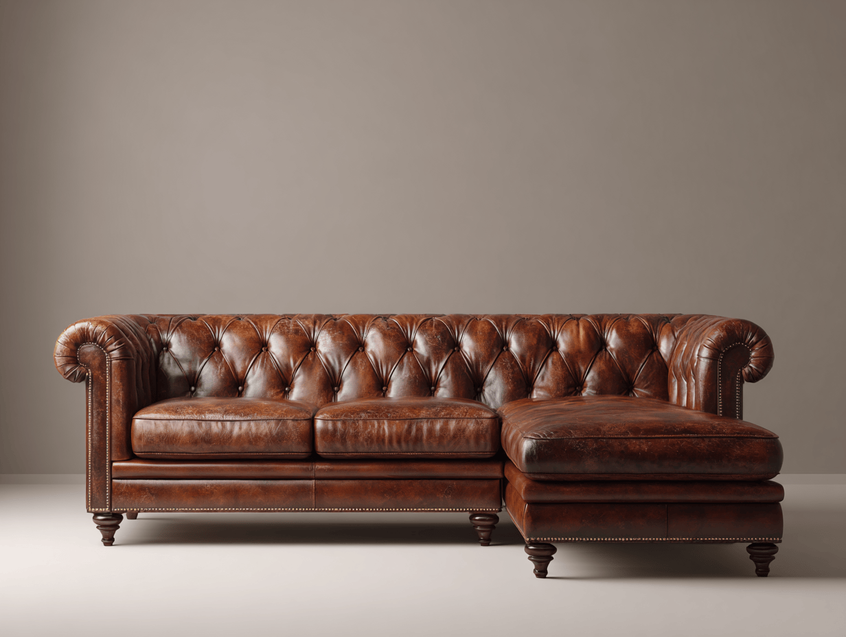Hoekbank Chesterfield echt leer 290×190×85 cm – bruin – klassiek design met capitonnage en chaise longue
