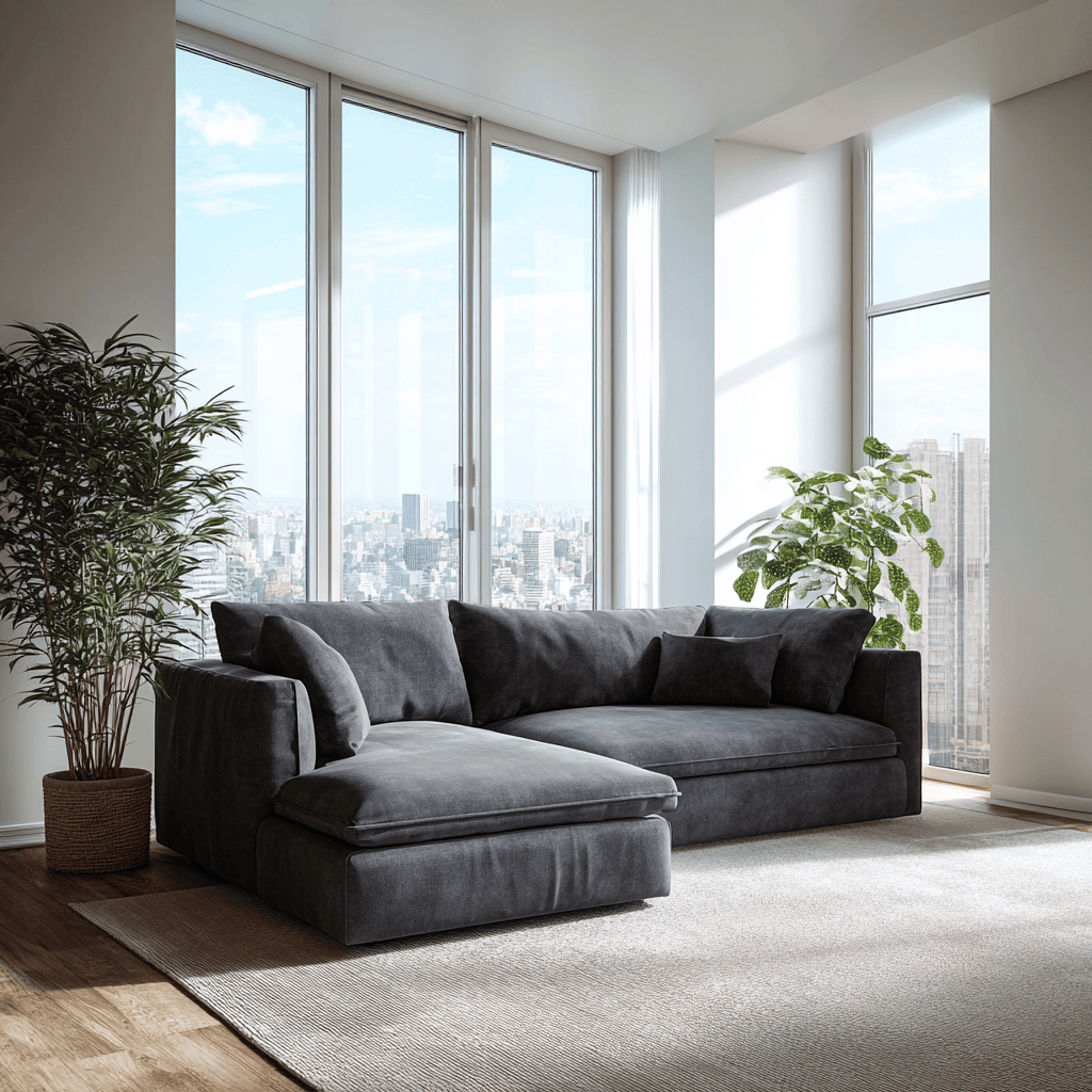 Hoekbank stof 280×180×85 cm – donkergrijs – moderne stijl met chaise longue en kussens