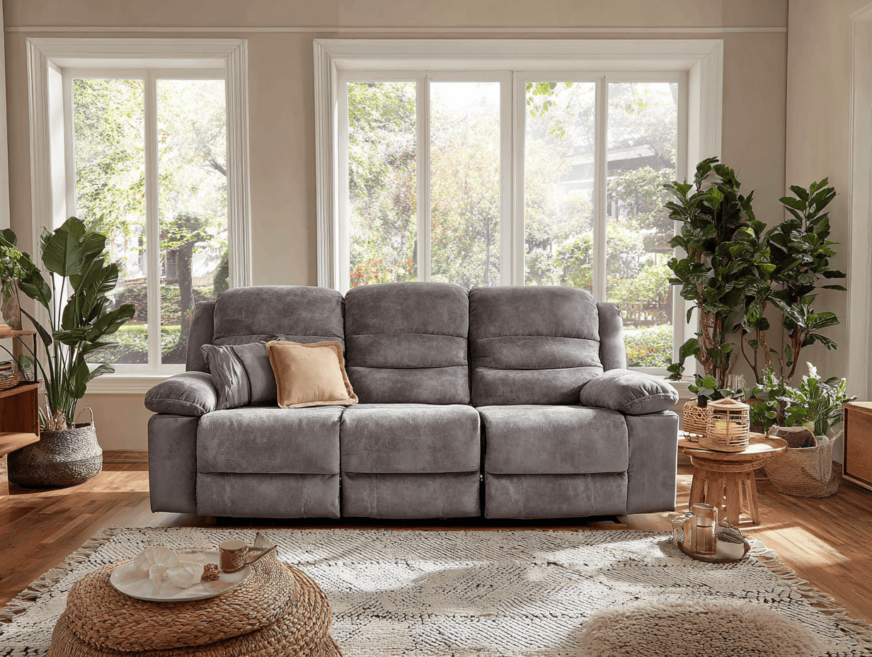 Driezitsbank stof 220×98×100 cm – grijs – moderne stijl met verstelbare rugleuning en voetensteun