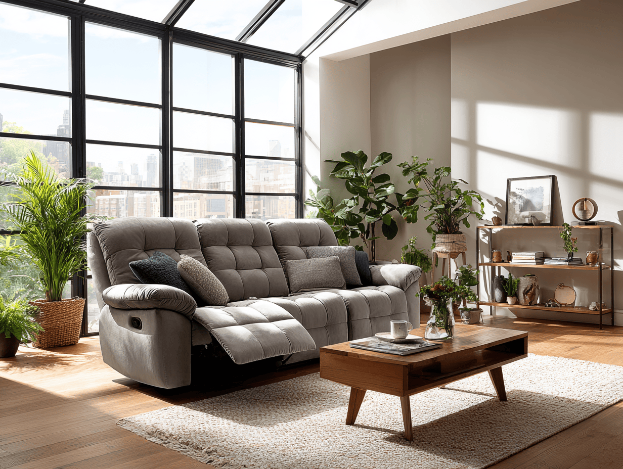 3-zitsbank stof 225×100×102 cm – lichtgrijs – moderne stijl met relaxfunctie en kussens