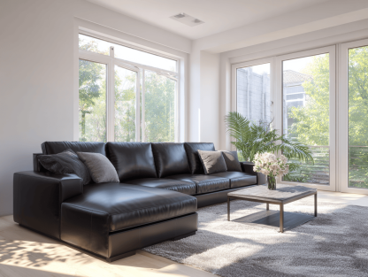 Hoekbank echt leer 290×200×85 cm – zwart – modern design met chaise longue en 4 rugkussens en 4 sierkussens