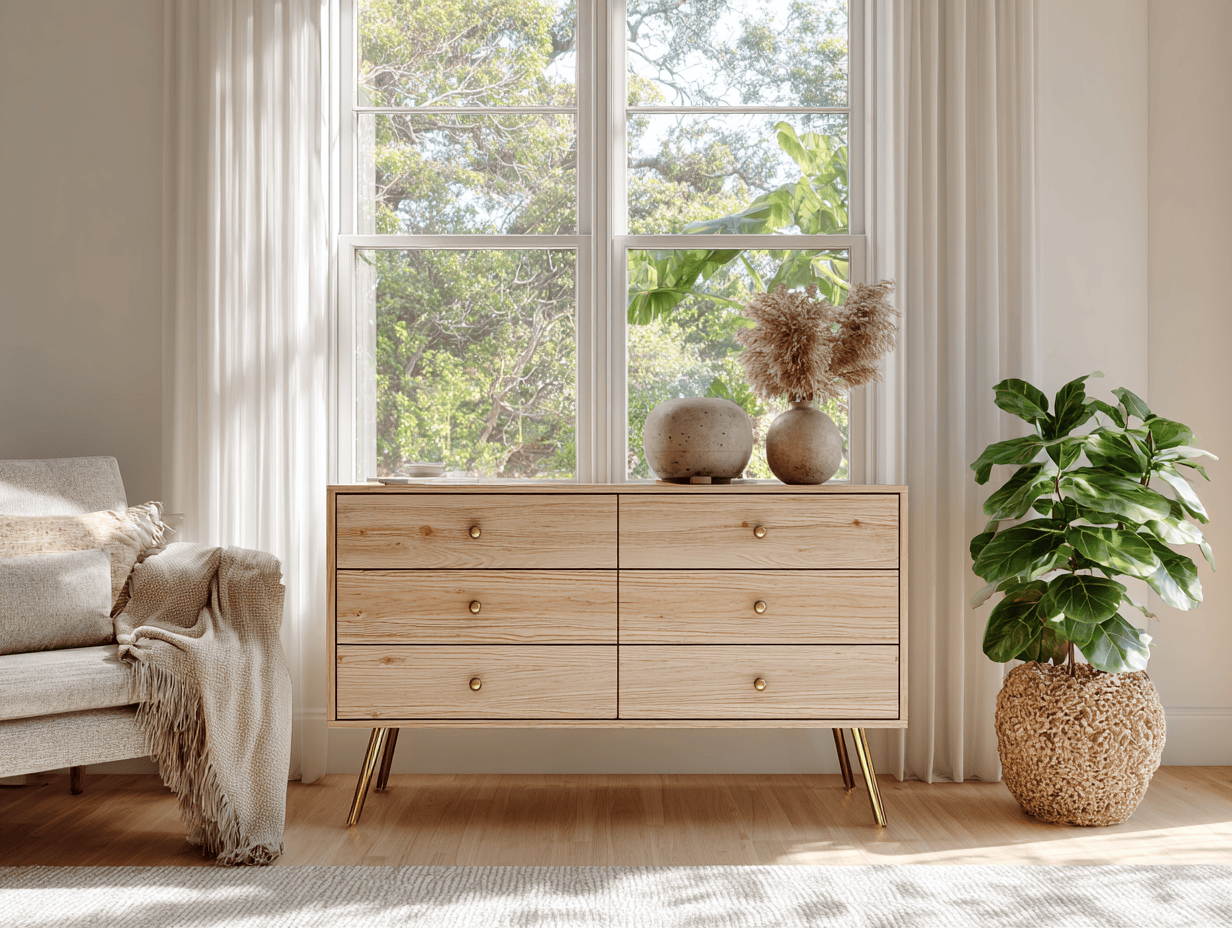 Ladekast hout 115×42×85 cm – licht hout met goud – retro design met lades