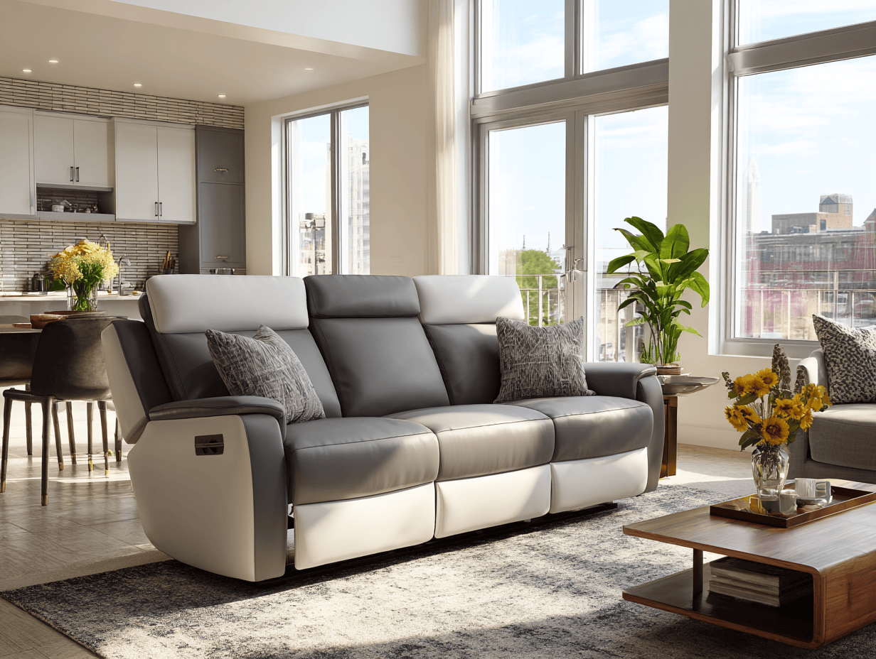 Driezitsbank in leer 215×100×102 cm – grijs/wit – met relaxfunctie en twee sierkussens – modern luxe