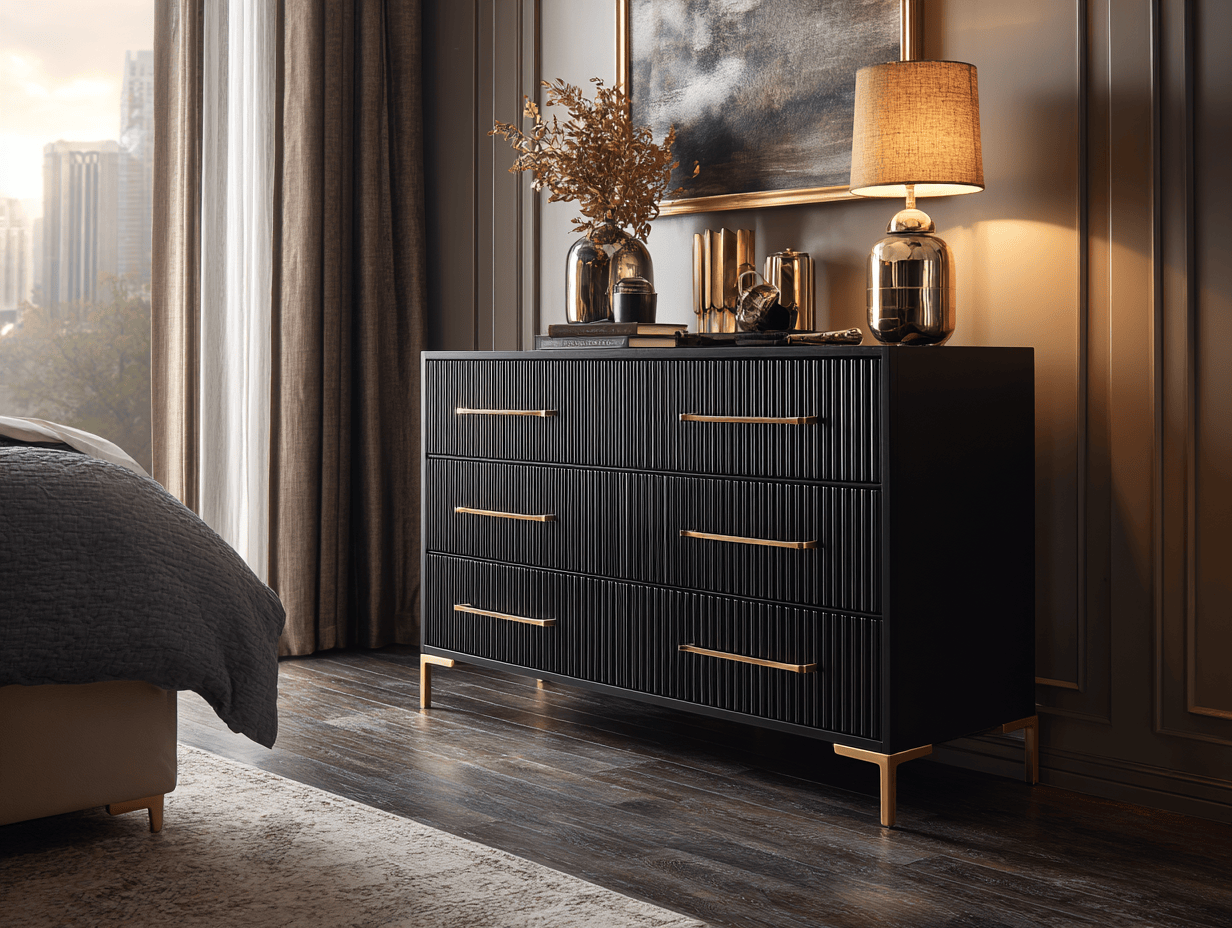 Ladekast hout 110×40×90 cm – zwart met goud – modern design met lades