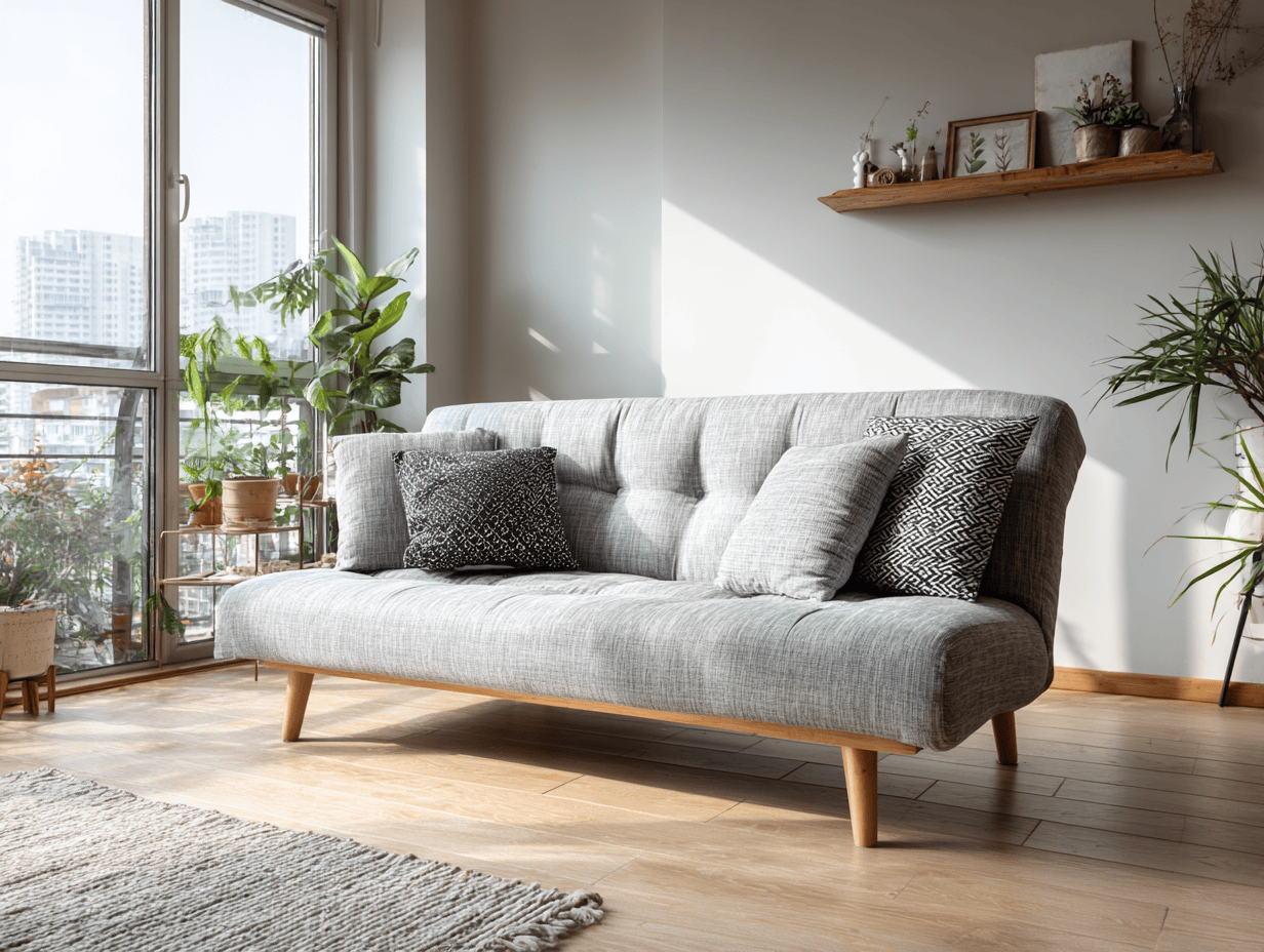 Slaapbank in stof 195×95×88 cm – lichtgrijs – Scandinavisch design met vier sierkussens