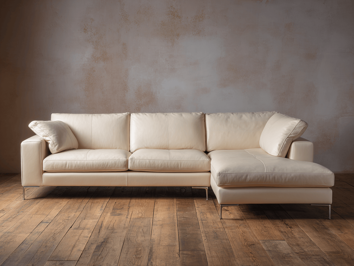 Leren hoekbank 300×180×85 cm – crème – met chaise longue drie rugkussens en twee sierkussens